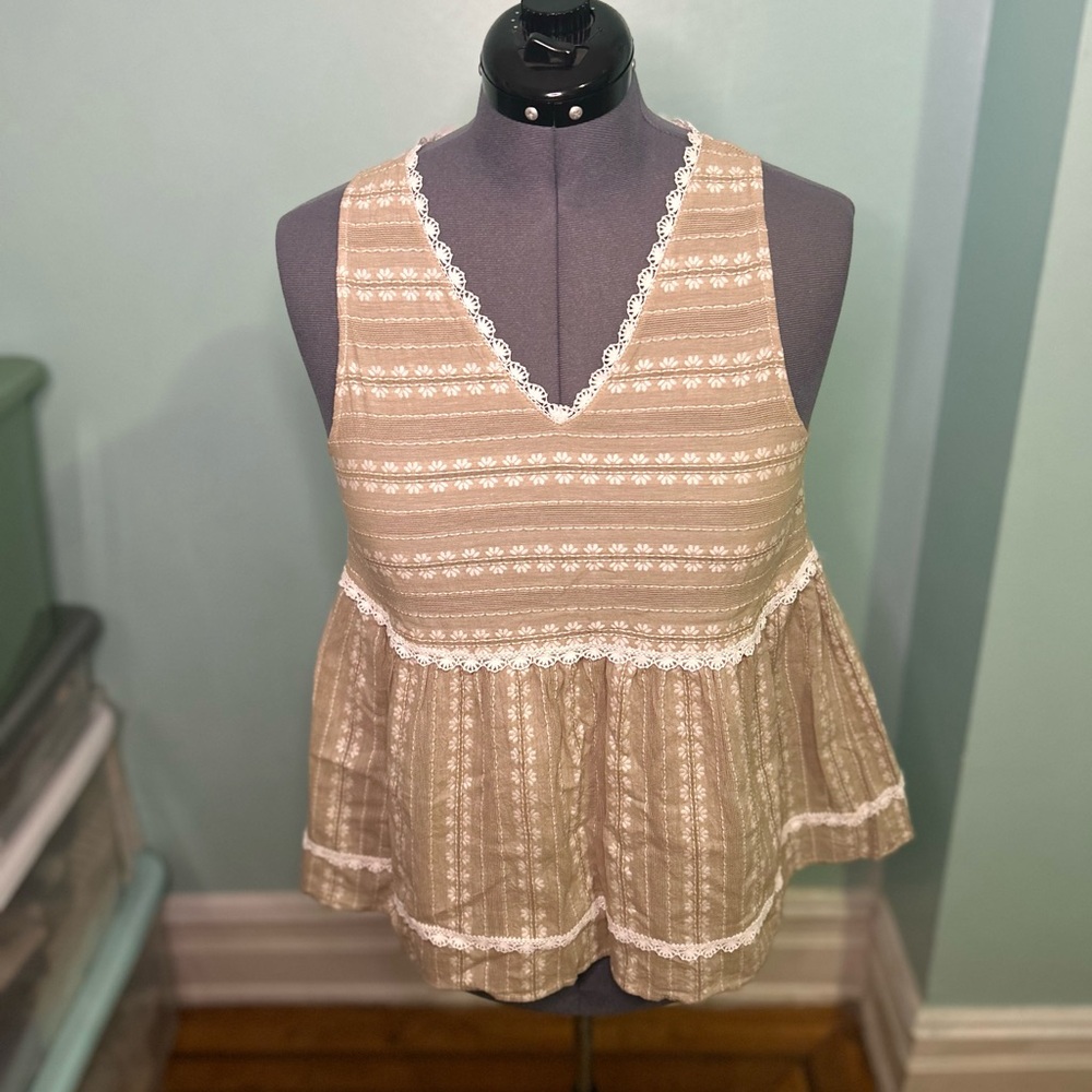 Cupio Tan Lace Trim Peplum Tank Top